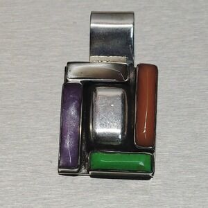 VTG Sterling Silver 925 Mexico Multi-Stone‎ Inlay Pendant Geometric 18 grams